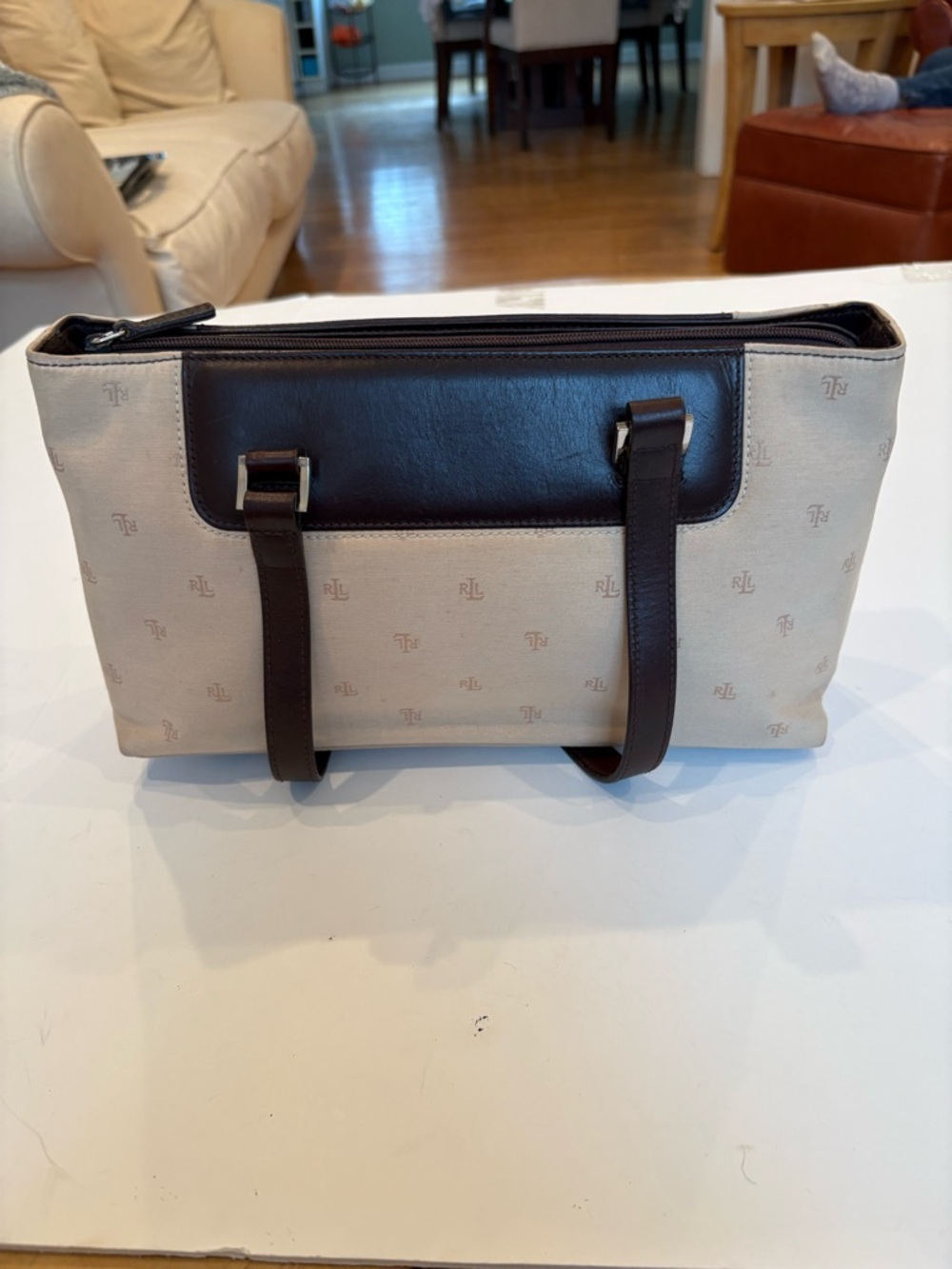 Ralph Lauren Cream Canvas Tote with Brown Leather Trim